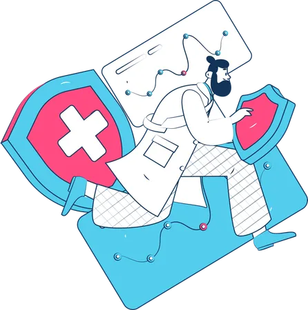 Hombre sujetando escudo médico  Ilustración