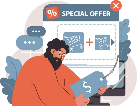 Hombre sujetando el precio mientras hace compras en oferta especial  Ilustración