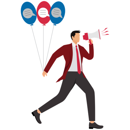 Hombre sosteniendo globos de diálogo y usando un megáfono para transmitir mensajes  Ilustración