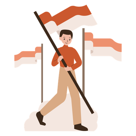 Hombre que sostiene la bandera de la independencia de Indonesia  Ilustración