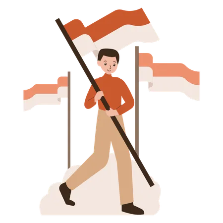 Hombre que sostiene la bandera de la independencia de Indonesia  Ilustración