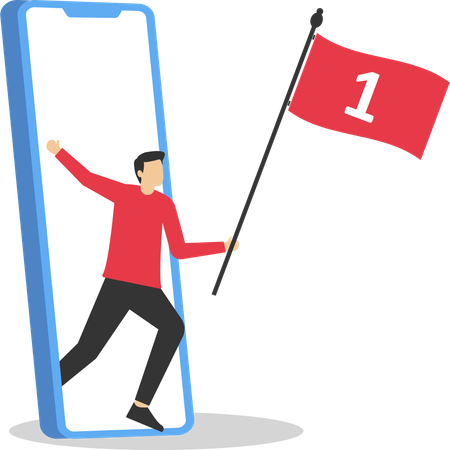 Hombre sosteniendo la bandera número uno de la victoria  Ilustración