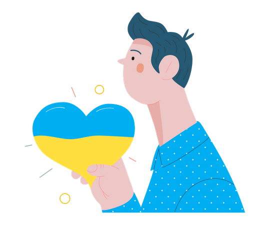 Hombre que sostiene el corazón coloreado de la bandera ucraniana  Ilustración
