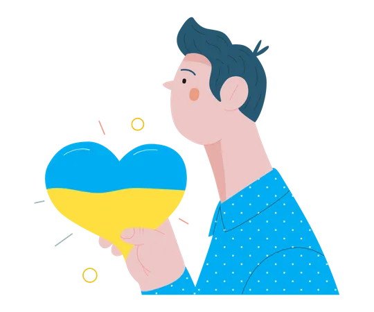 Hombre que sostiene el corazón coloreado de la bandera ucraniana  Ilustración