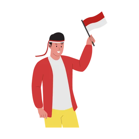 Hombre sosteniendo la bandera y celebrando el día de la independencia de Indonesia  Ilustración