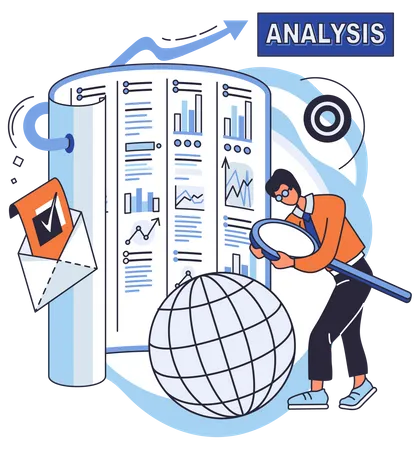 Hombre sosteniendo lupa y analizando big data  Ilustración