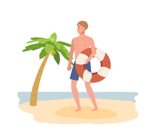 Hombre sujetando un anillo de natación en la playa  Ilustración
