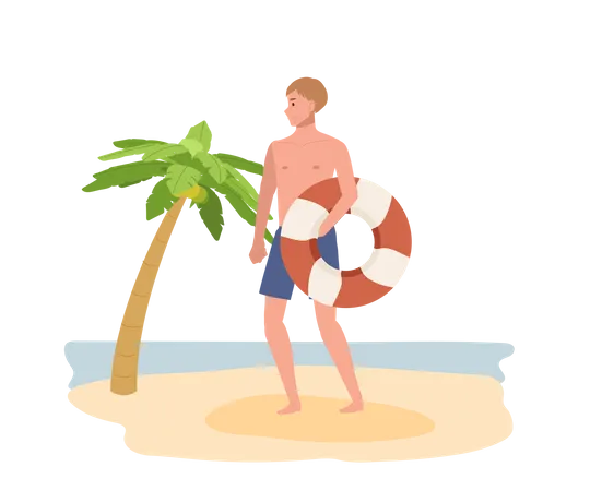 Tema De Vacaciones De Verano En La Playa Un Hombre En Traje De Bano Sosteniendo Un Anillo De Natacion Un Salvavidas En La Playa Ilustracion De Vector Plano Ilustración