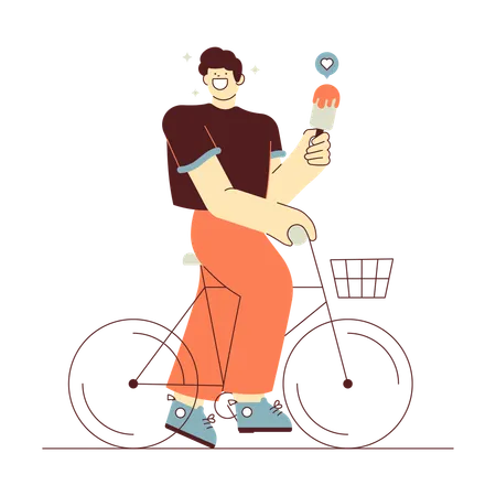 Hombre sujetando un palito de helado mientras anda en bicicleta  Ilustración