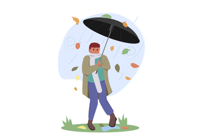 Hombre sujetando paraguas caminando bajo la lluvia  Ilustración