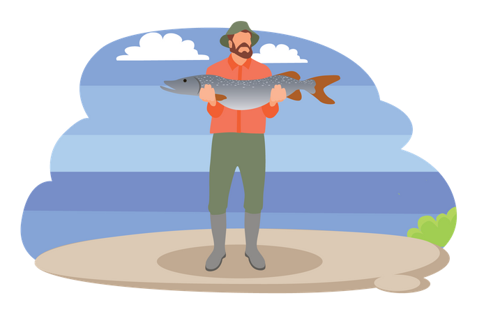 Hombre sujetando pescado  Ilustración