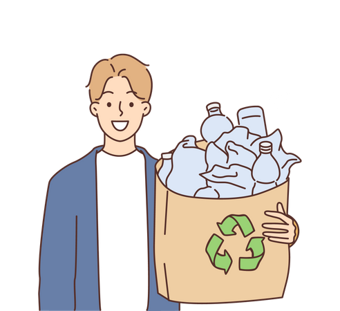 Hombre sujetando botella de plástico reciclado  Ilustración