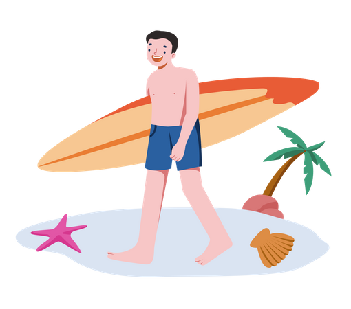 Hombre sujetando tabla de surf y disfrutando en la playa  Ilustración