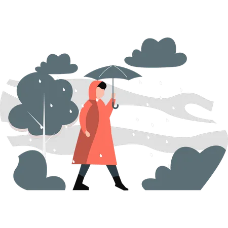 Hombre sujetando paraguas caminando por el bosque durante la lluvia  Ilustración