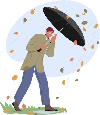 Hombre sosteniendo paraguas y protegiéndose de la lluvia  Ilustración