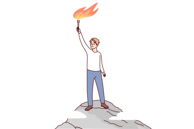 Hombre sujetando una antorcha de fuego en la cima de la montaña  Ilustración