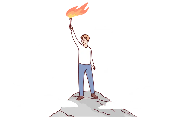 Hombre sujetando una antorcha de fuego en la cima de la montaña  Ilustración