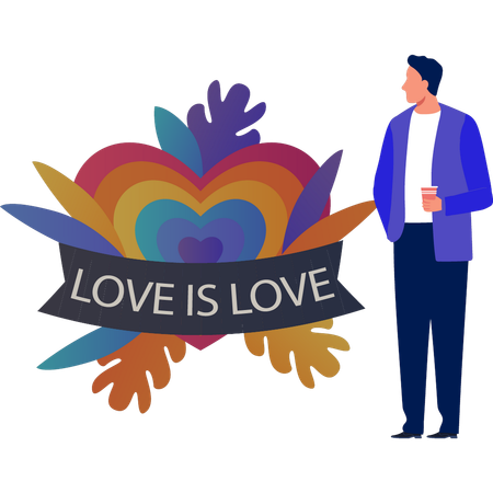 Hombre sosteniendo una bebida y mirando un corazón de amor  Illustration