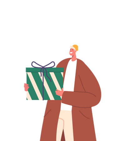 Hombre sujetando caja de regalo envuelta con festivo  Ilustración