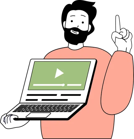 Hombre sosteniendo una computadora portátil mientras hacía video marketing  Ilustración