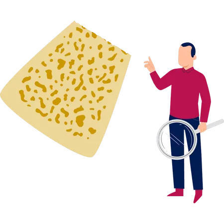 Hombre sosteniendo una lupa para investigar sobre queso  Ilustración