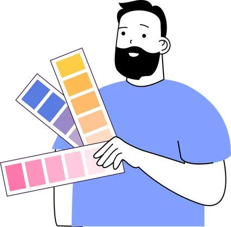 Hombre sosteniendo una paleta de colores mientras selecciona un color  Ilustración