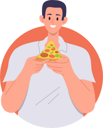Hombre sosteniendo una sabrosa porción de pizza lista para comer un delicioso refrigerio de comida rápida basura  Ilustración