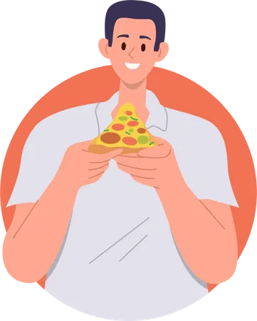 Hombre sosteniendo una sabrosa porción de pizza lista para comer un delicioso refrigerio de comida rápida basura  Ilustración