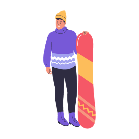 Hombre sujetando tabla de snowboard  Ilustración