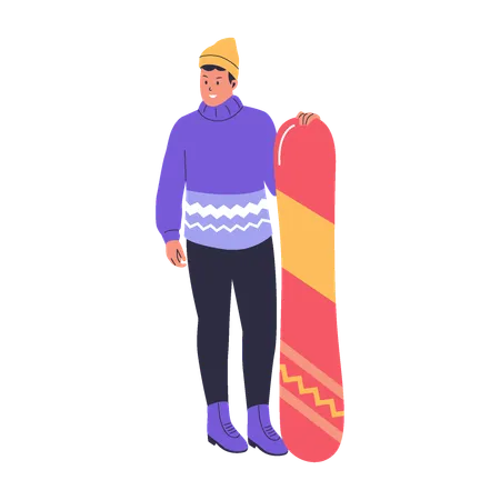 Hombre sujetando tabla de snowboard  Ilustración