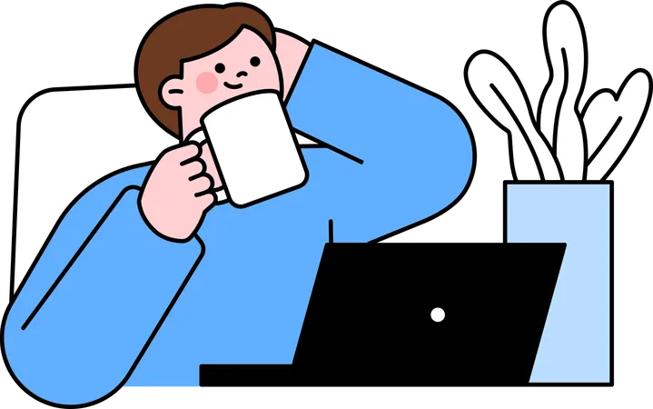 Hombre sosteniendo una taza de café mientras trabajaba en la oficina  Ilustración