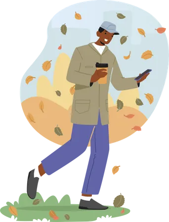 Hombre sosteniendo una taza de café y un teléfono inteligente caminando bajo las hojas que caen en el día de otoño  Ilustración