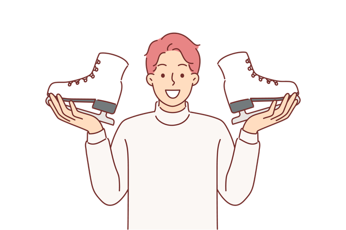 El hombre sostiene un par de patines de hielo en las manos invitándolo a inscribirse en cursos de patinaje artístico o hockey  Ilustración