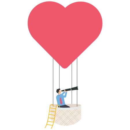 El hombre sostiene un telescopio en un globo con forma de corazón  Ilustración