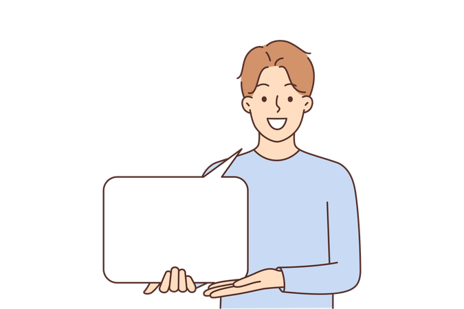 El hombre sostiene un bocadillo y muestra la mano en el espacio para copiar texto informativo con un mensaje importante  Ilustración