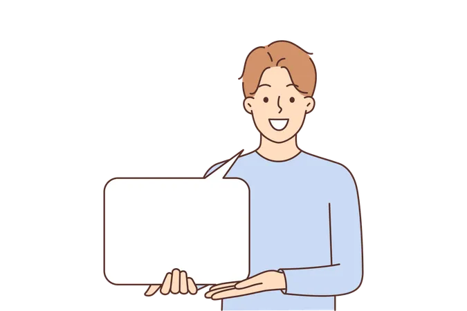 El hombre sostiene un bocadillo y muestra la mano en el espacio para copiar texto informativo con un mensaje importante  Ilustración