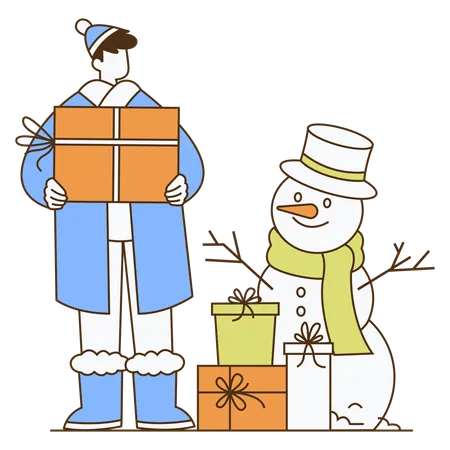 Hombre sostiene una caja de regalo de año nuevo con muñeco de nieve en invierno  Ilustración