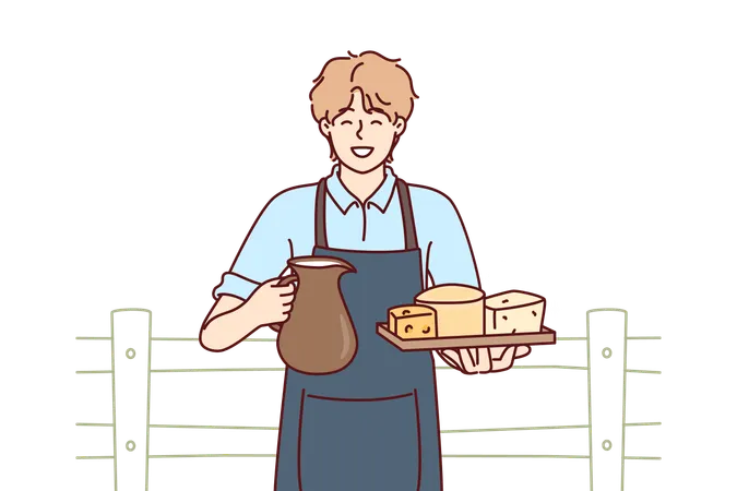 El hombre sostiene una jarra de leche y una bandeja de queso de una granja de vacas que vende sus propios alimentos orgánicos  Ilustración