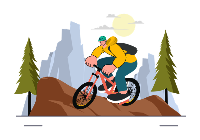 Hombre montando en bicicleta por las montañas  Ilustración