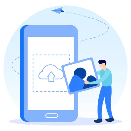 Hombre cargando fotos usando el móvil  Ilustración