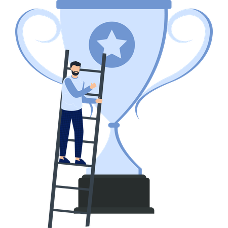 Hombre subiendo escalera hacia el trofeo de la copa  Ilustración