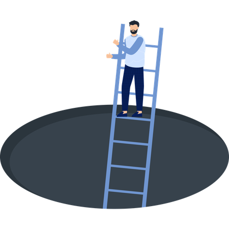 Hombre subiendo una escalera para salir de un agujero  Ilustración