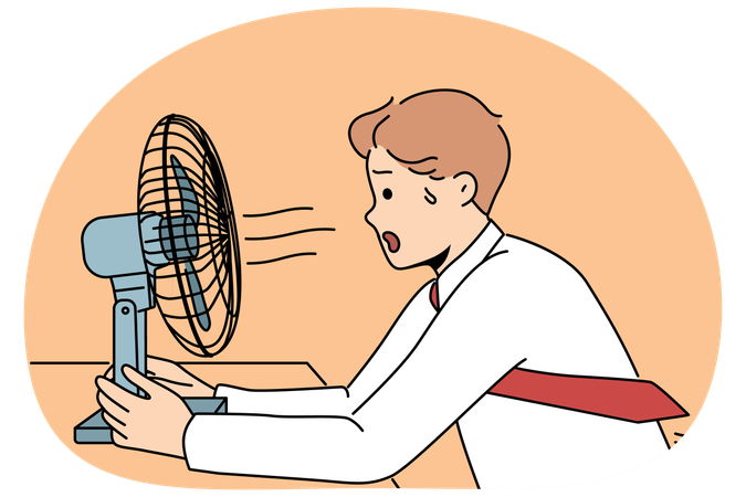 Hombre sudoroso sentado frente a un ventilador disfrutando del viento frío del equipo de control de climatización eléctrico  Ilustración