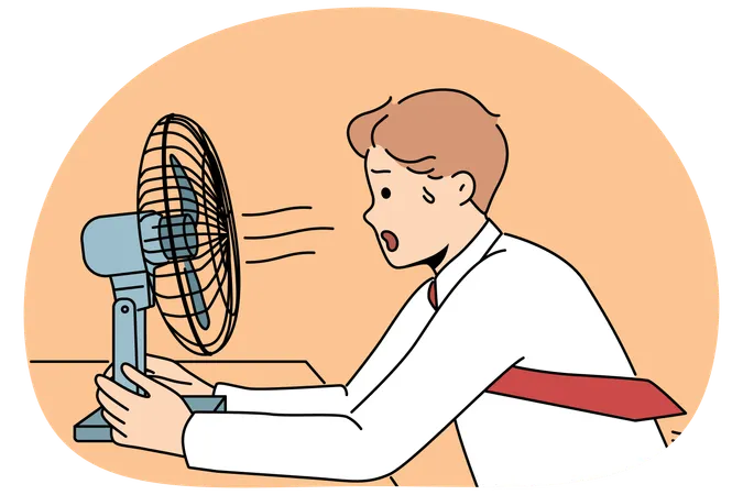 Hombre sudoroso sentado frente a un ventilador disfrutando del viento frío del equipo de control de climatización eléctrico  Ilustración