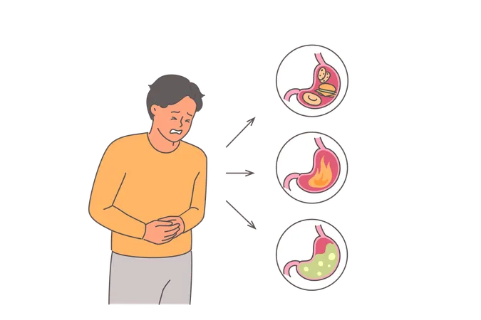 El hombre sufre de dolor abdominal debido a problemas estomacales y necesita ayuda de un gastroenterólogo  Ilustración