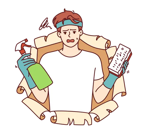 Hombre sujetando cepillo y botella pulverizadora  Ilustración
