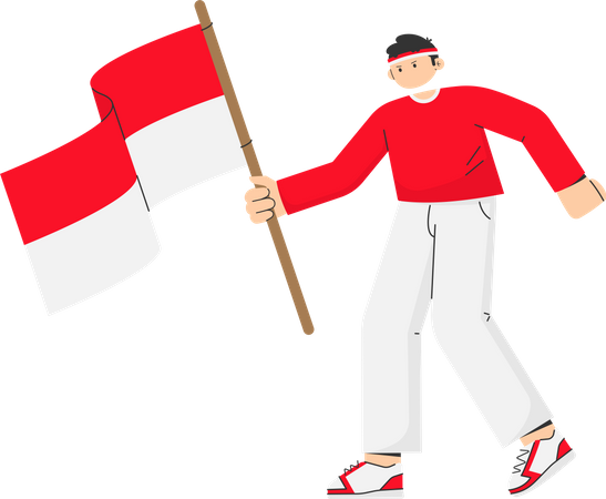 Hombre sujetando la bandera de indonesia  Ilustración