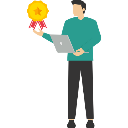 Hombre sujetando la computadora portátil  Ilustración