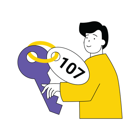 Hombre sujetando la llave de la habitación  Ilustración