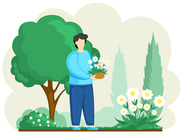 Hombre sujetando una maceta  Ilustración